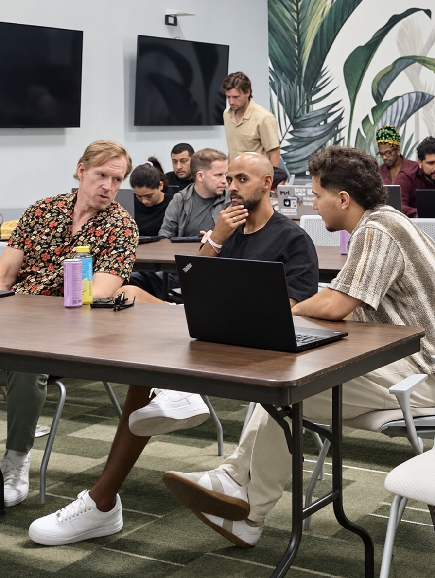Founders working together around a laptop during a session at The HUB