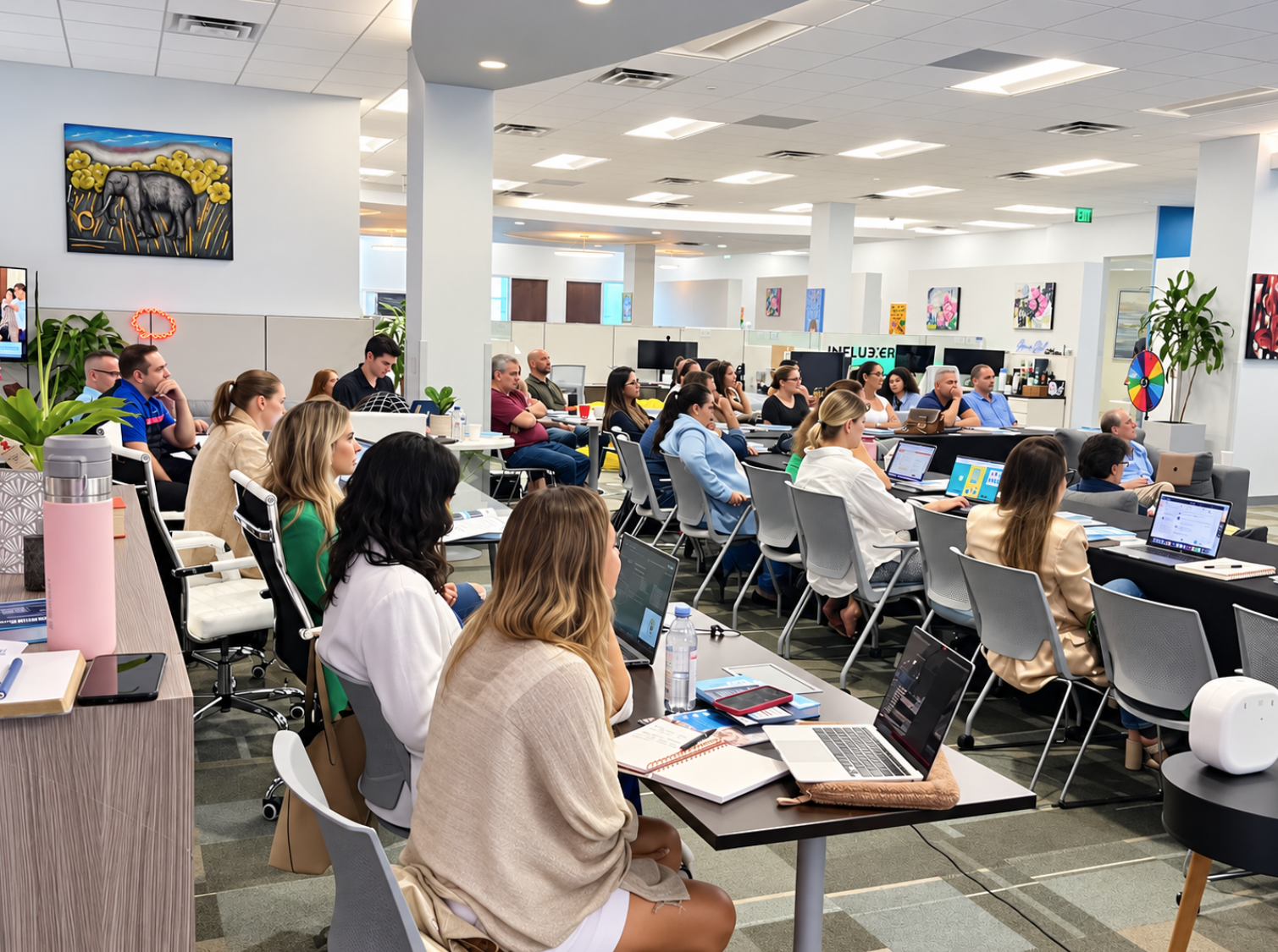 A full room of founders attending a workshop in The HUB's open workspace