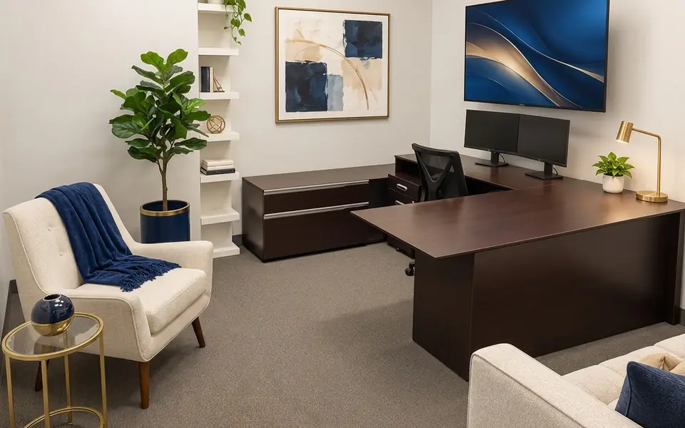 Furnished private office interior with armchair at The HUB