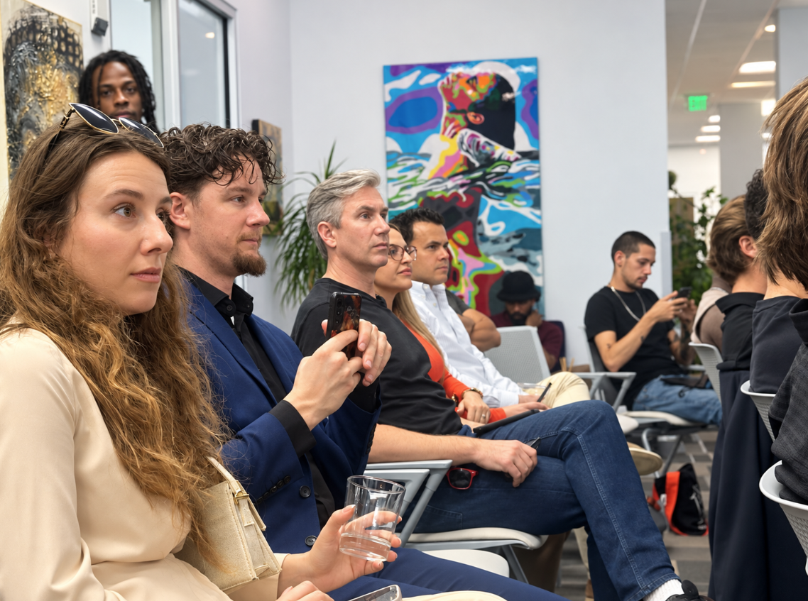 Guests seated and listening during an event at The HUB