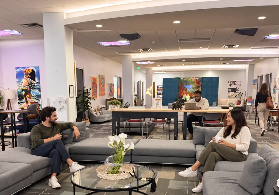Members coworking in the lounge at The HUB