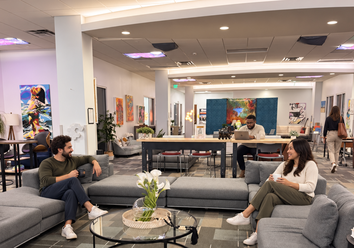 Members coworking in the lounge at The HUB