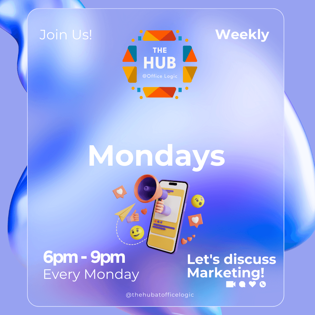 Colorful flyer for The Hub Office Logic, marketing discussion Mondays 6-9pm.