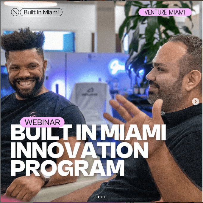 Webinar announcement for Built in Miami Innovation Program with two participants in a tech office setting.