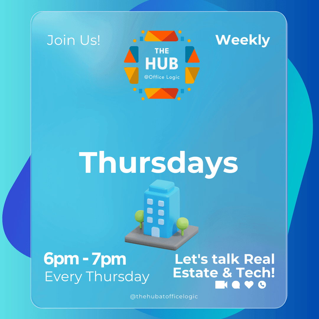 Event announcement for The Hub Office Logic with details about weekly Thursday meetings on real estate and tech.