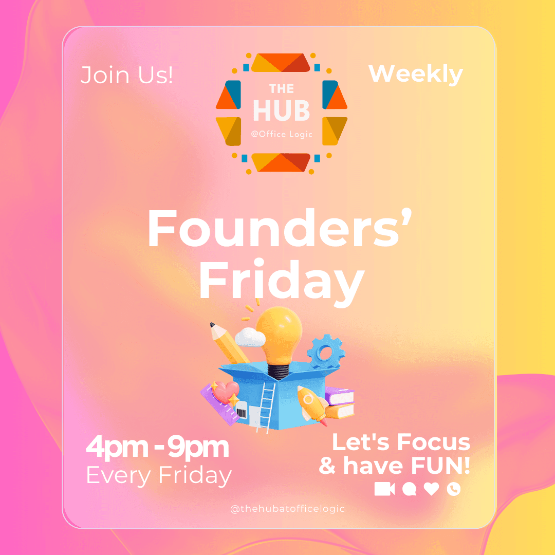 Invitation to Founders' Friday event at The Hub, featuring office supplies and creative tools.