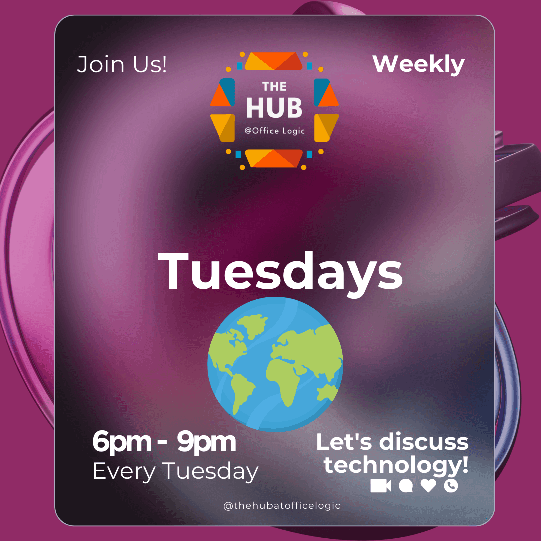 Weekly tech discussion event at The Hub, every Tuesday from 6pm to 9pm.