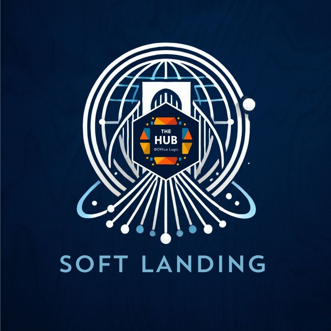 Logo of The Hub Office Logic with a futuristic design and the text Soft Landing at the bottom.