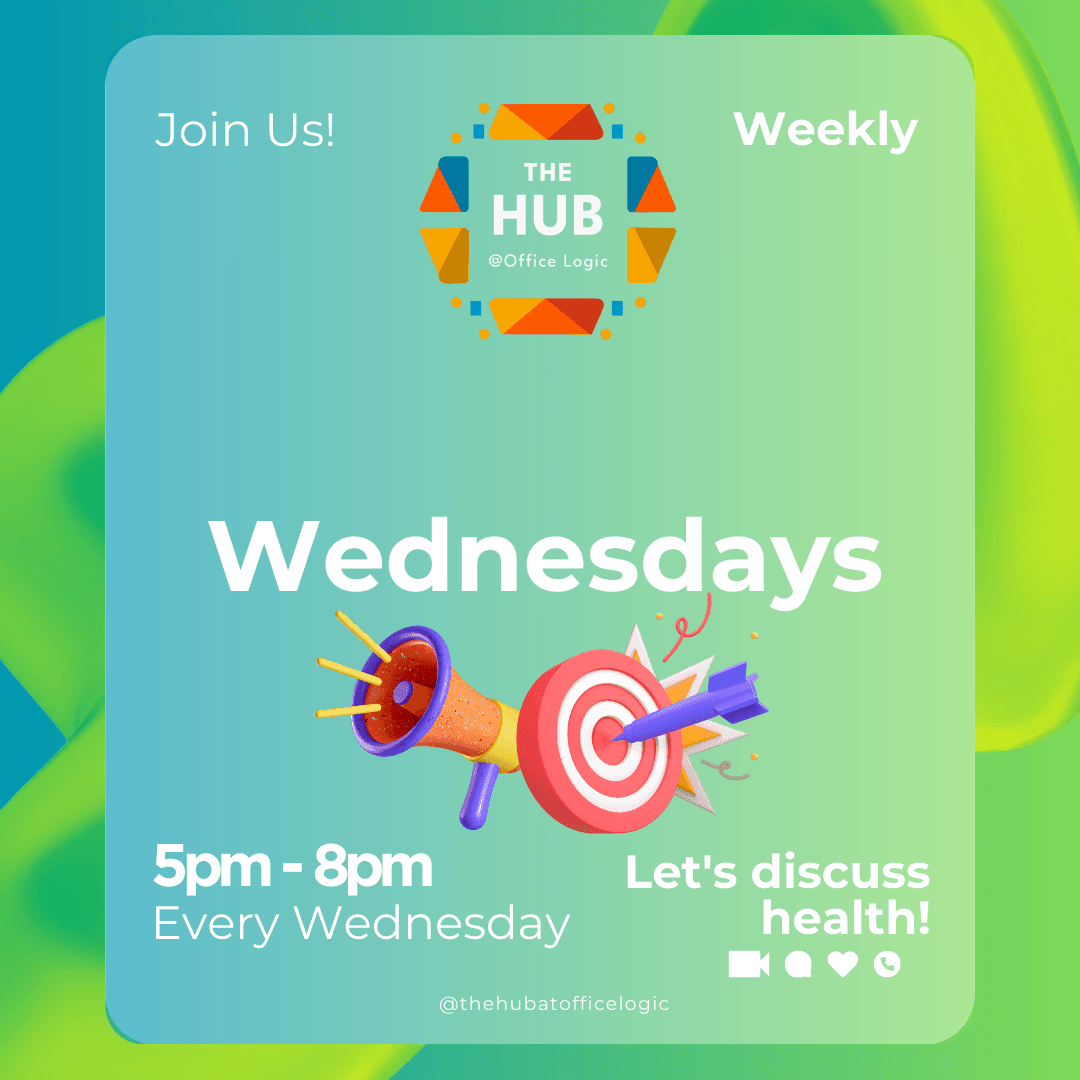 The Hub Office Logic weekly meeting announcement, Wednesdays 5pm-8pm, discussing health.